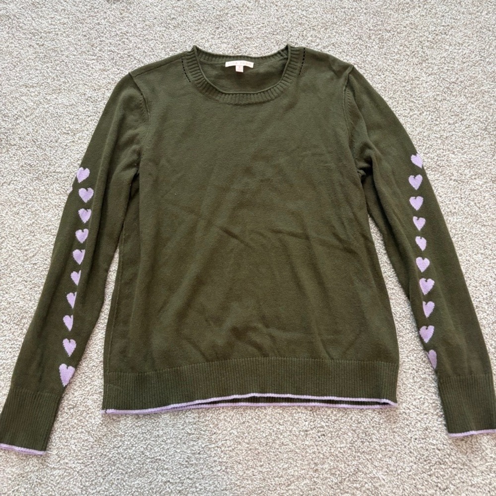 Lisa Todd Cotton Cashmere Sweater Womens S Green Crewneck Hearts Minimalist